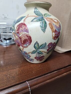 Andrea By Sadek Cream Ceramic Vase with Multicolored Floral Relief